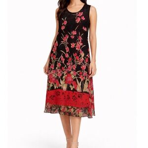 NWT Y2K VTG Lola P Floral Print Sheer Sleeveless Midi Dress Black Pink Red SZ M